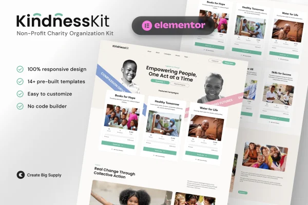 KindnessKit non-profit and charity Elementor template kit preview