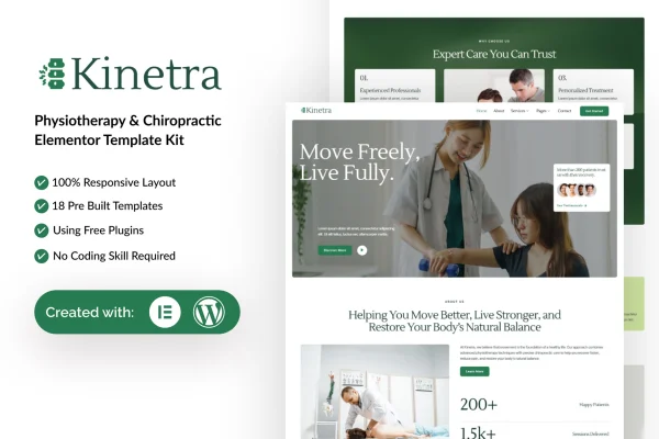 Kinetra physiotherapy and chiropractic Elementor template kit preview