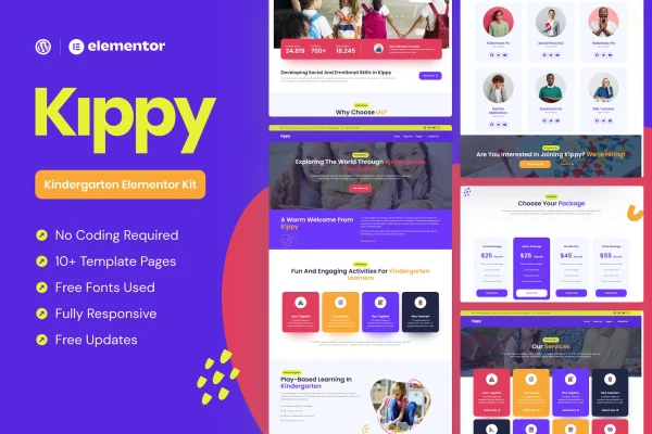 Kippy kindergarten Elementor Pro template kit preview with colorful page layouts