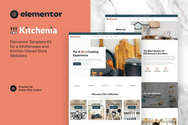Kitchenia Elementor template kit cover showing kitchenware store page designs