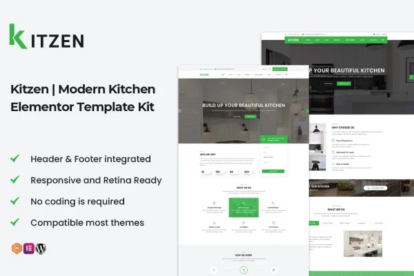 Kitzen modern kitchen Elementor template kit cover showing kitchen interior page layouts