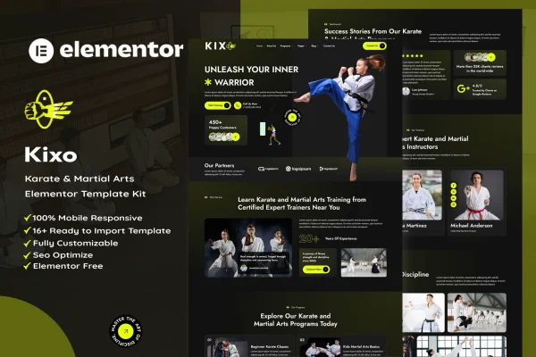 Kixo karate and martial arts school Elementor template kit preview