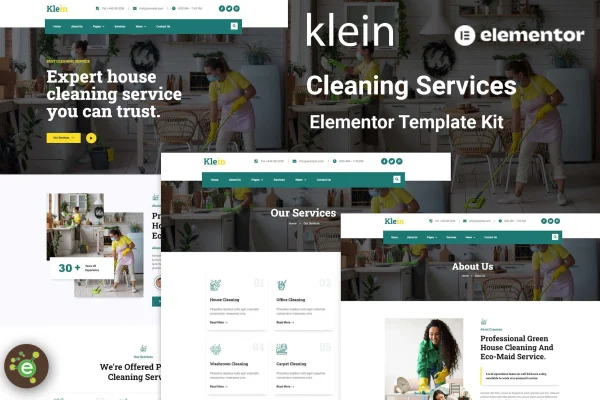 Klein cleaning services Elementor template kit cover showing page layouts