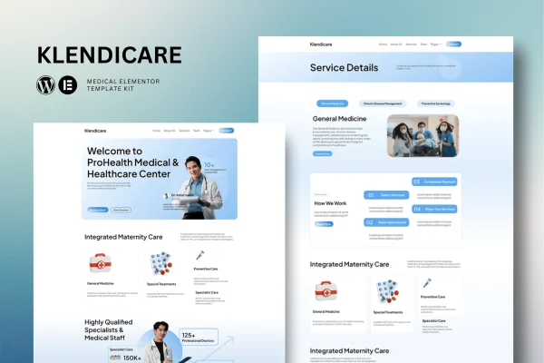 Klendicare medical Elementor template kit cover showing clinic website page layouts