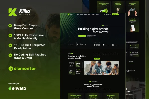 Kliko digital agency Elementor template kit page previews