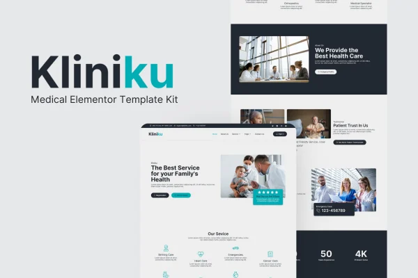 Kliniku medical Elementor template kit cover showing clinic website page designs