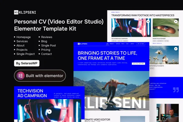KlipSeni personal CV video editor Elementor template kit cover