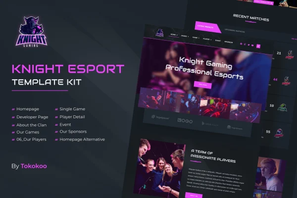 Knight eSports and Gaming Elementor Template Kit cover image with gaming website page previews