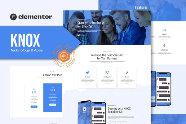 Knox technology and apps Elementor template kit cover showing tech website page layouts