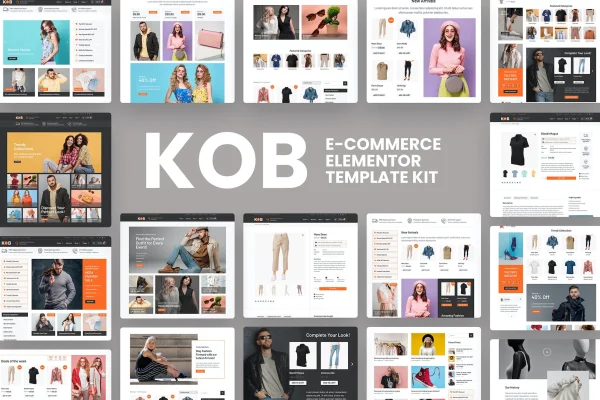 Kob e-commerce Elementor Pro template kit preview with store page layouts