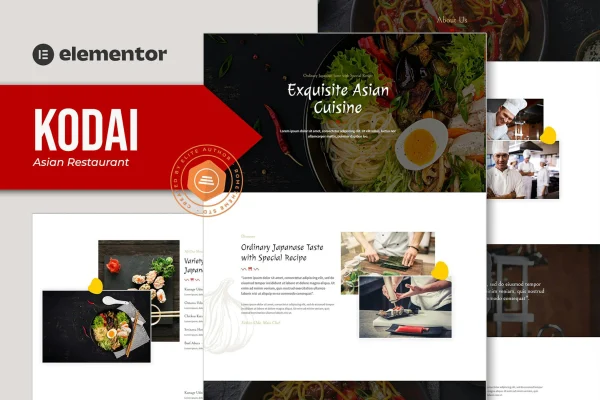 Kodai Asian restaurant Elementor template kit preview with homepage and menu page layouts