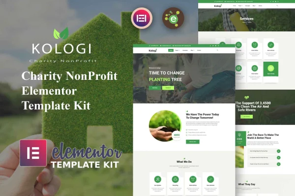 Kologi charity and nonprofit Elementor template kit page previews
