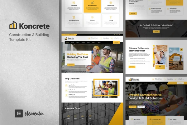 Koncrete construction and building Elementor template kit page previews