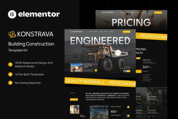 Konstrava building construction Elementor template kit preview
