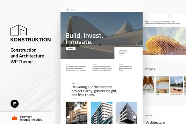 Konstruktion Theme preview showing a construction and architecture website layout