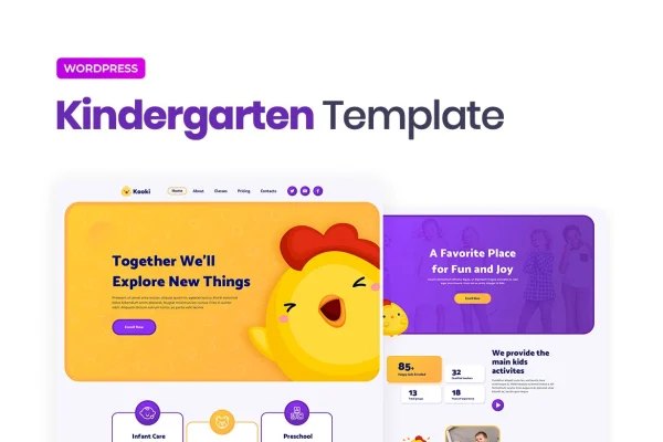 Kooki kindergarten Elementor template kit preview with colorful page layouts