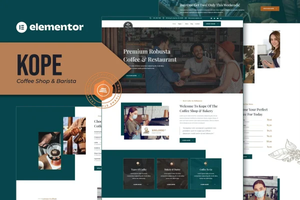 Kope cafe, coffee shop and bar Elementor template kit preview