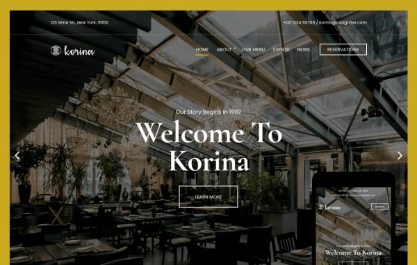 Korina restaurant and cafe WordPress theme preview