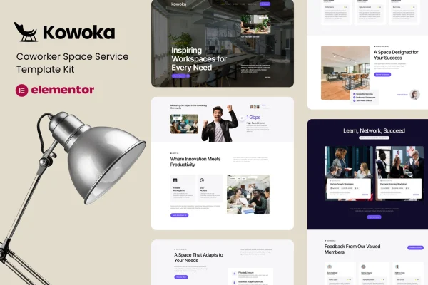 Kowoka coworking space rent Elementor template kit preview