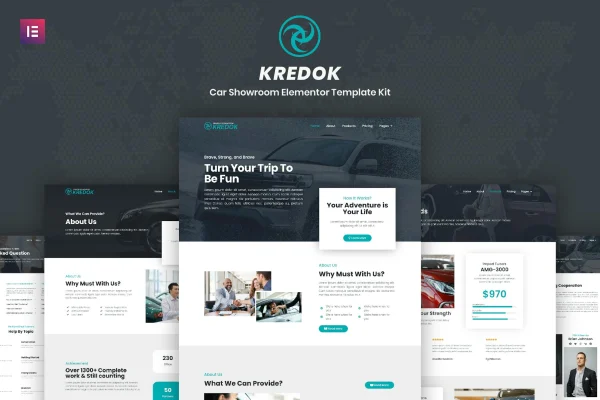 Kredok car showroom Elementor template kit cover showing dealership page layouts