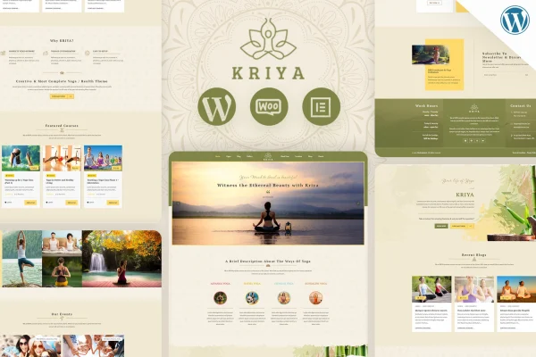 Kriya yoga WordPress theme preview showing a calm, clean studio website layout