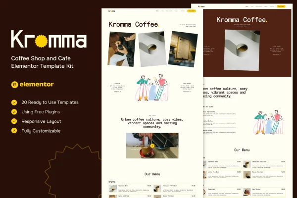 Kromma coffee shop and cafe Elementor template kit preview