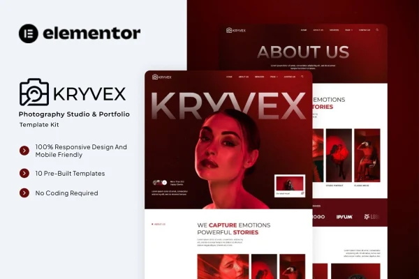 Kryvex photography studio and portfolio Elementor template kit preview
