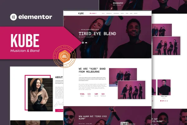 Kube music Elementor template kit preview showing artist website pages