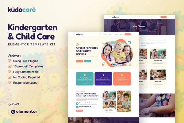 Kudocare kindergarten and child care Elementor template kit preview
