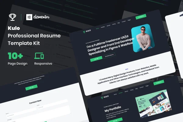 Kulo resume Elementor template kit preview showing professional profile page layouts