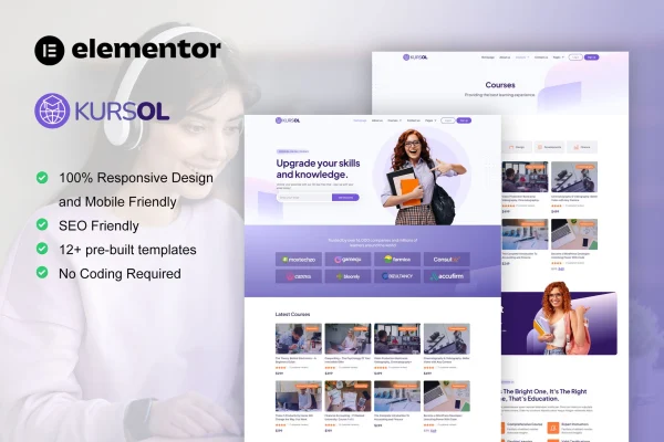Kursol online course and education Elementor template kit preview
