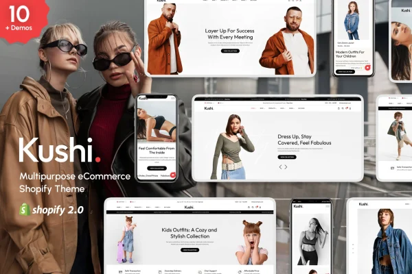 Kushi multipurpose WooCommerce theme preview with online store layouts