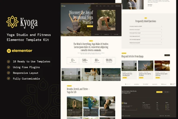 Kyoga yoga studio and fitness Elementor template kit preview