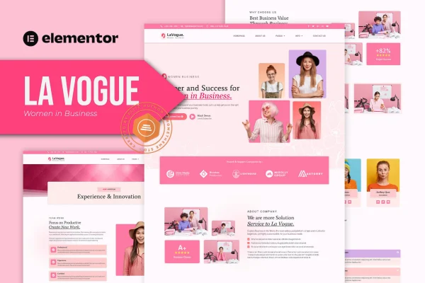 La Vogue feminine business Elementor template kit preview showing elegant page layouts