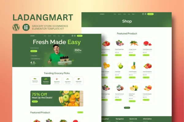 Ladangmart grocery store Elementor template kit preview