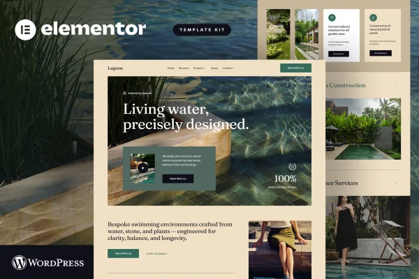 Lagoon Elementor template kit preview for pool construction and landscape architecture websites