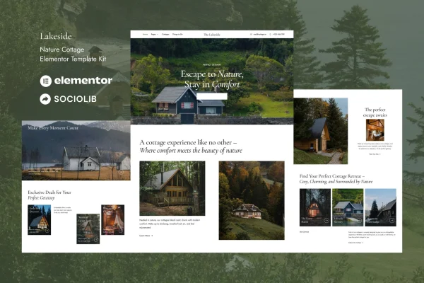 Lakeside Nature Cottage Elementor template kit preview with lakeside cabin pages