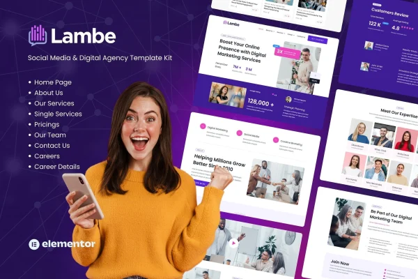 Lambe digital marketing agency Elementor template kit cover image