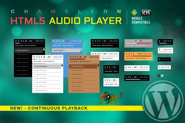 Chameleon HTML5 Audio Player plugin banner showing a customizable audio player with playlist