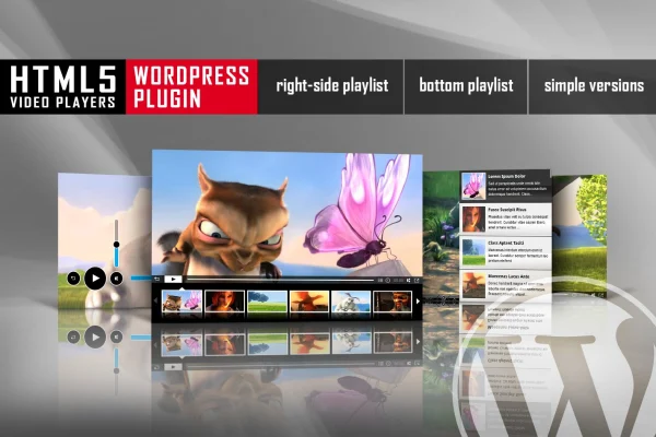 HTML5 video player plugin banner with playlist layouts and multiple skins