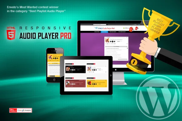 Responsive HTML5 Audio Player PRO plugin banner showing an audio player with playlist