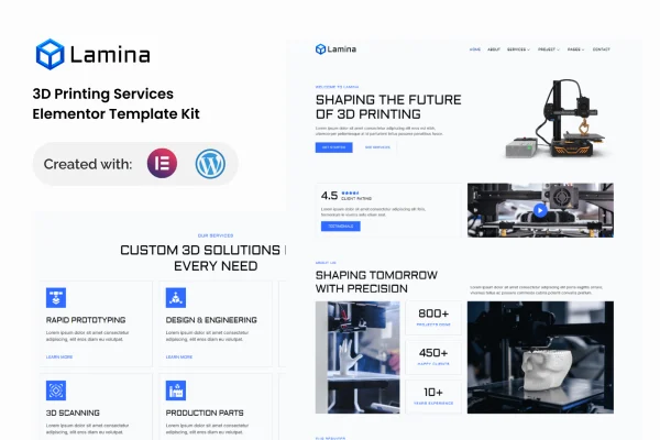 Lamina 3D printing services Elementor template kit cover image