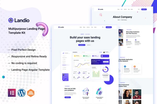 Landio multipurpose Elementor template kit cover with SaaS and agency page layouts