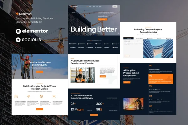 Landmark construction and building services Elementor template kit preview