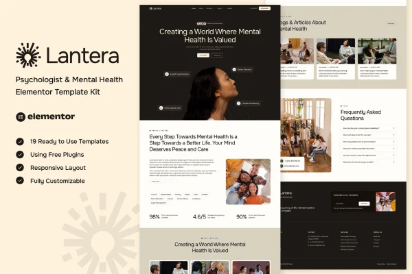 Lantera psychologist and mental health Elementor template kit preview