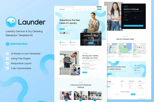 Launder laundry and dry cleaning Elementor template kit preview