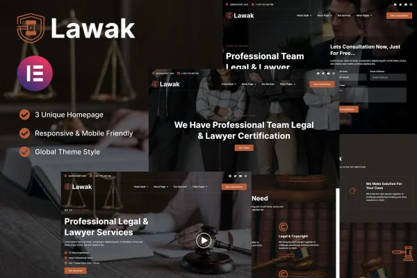 Lawak legal and lawyer services Elementor template kit preview