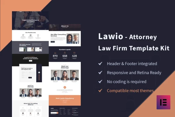 Lawio law firm Elementor template kit preview showing attorney website pages