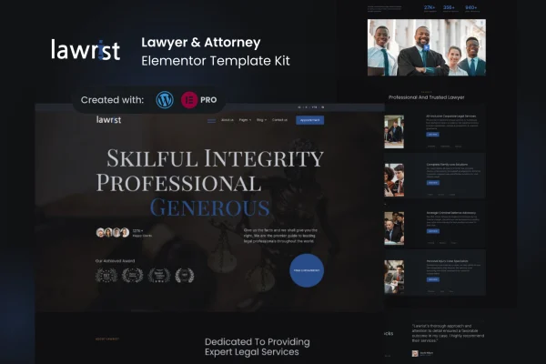 Lawrist lawyer and attorney Elementor Pro template kit preview
