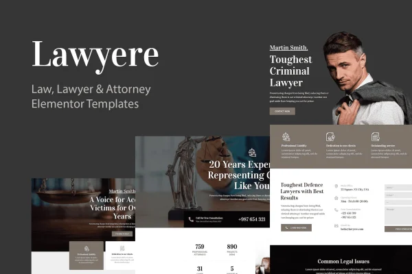 Lawyere legal and attorney Elementor template kit preview